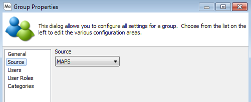 This image shows the Group Properties dialog with the Source option selected.